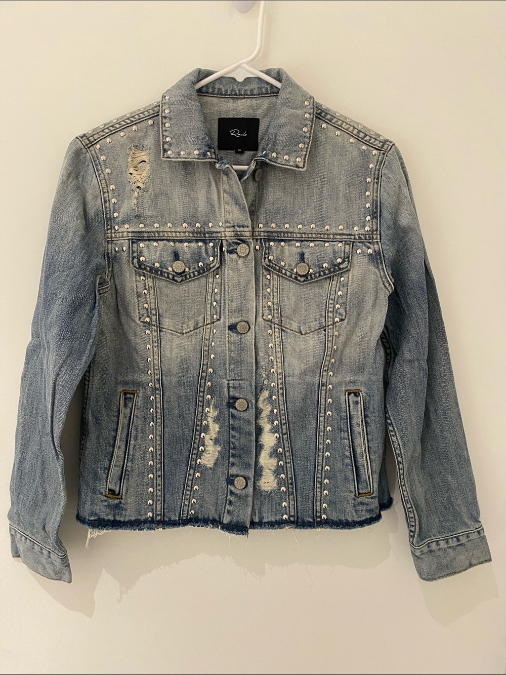 Rails Knox Studded Denim Jean Jacket Distressing Detail Medium Wash Raw Hem XS